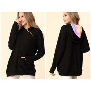Tie Dye Accent Waffle Knit Hoodie W/ Kangaroo Pocket
